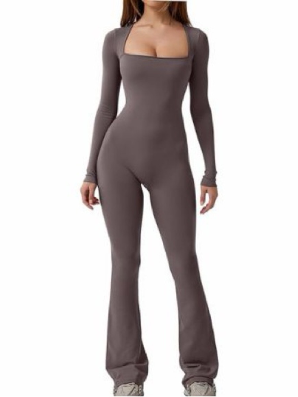 🤎 QINSEN Women's Brown Square Neck Jumpsuit Flare Leg Pants Size Large